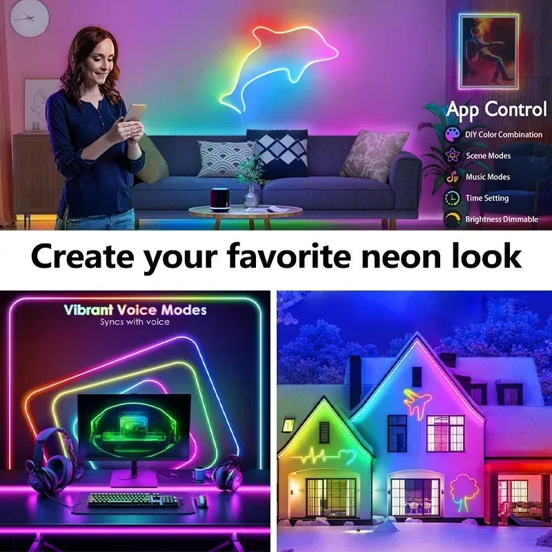 ruban led néon multicolore rayures horizontales moderne clips fixation bluetooth adaptableextérieur