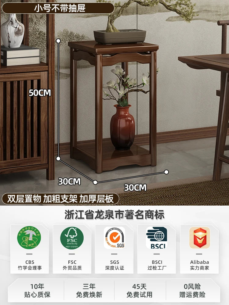 meuble d'appui bois massif moderne vase céramique fleurs artificielles tiroir marron foncé finition brillante