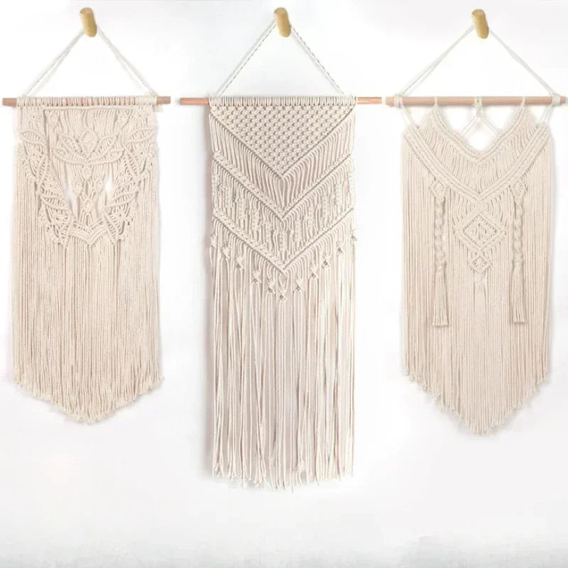 tapisserie macramé boho chic beige motifs géométriques franges moderne suspension maison