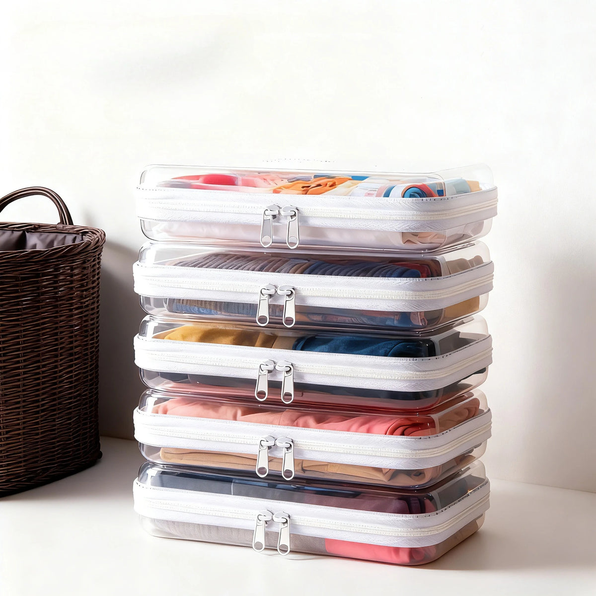 boîtes rangement transparentes réutilisables fermeture glissière couleurs rose violet bleu clair moderne pratique diverse