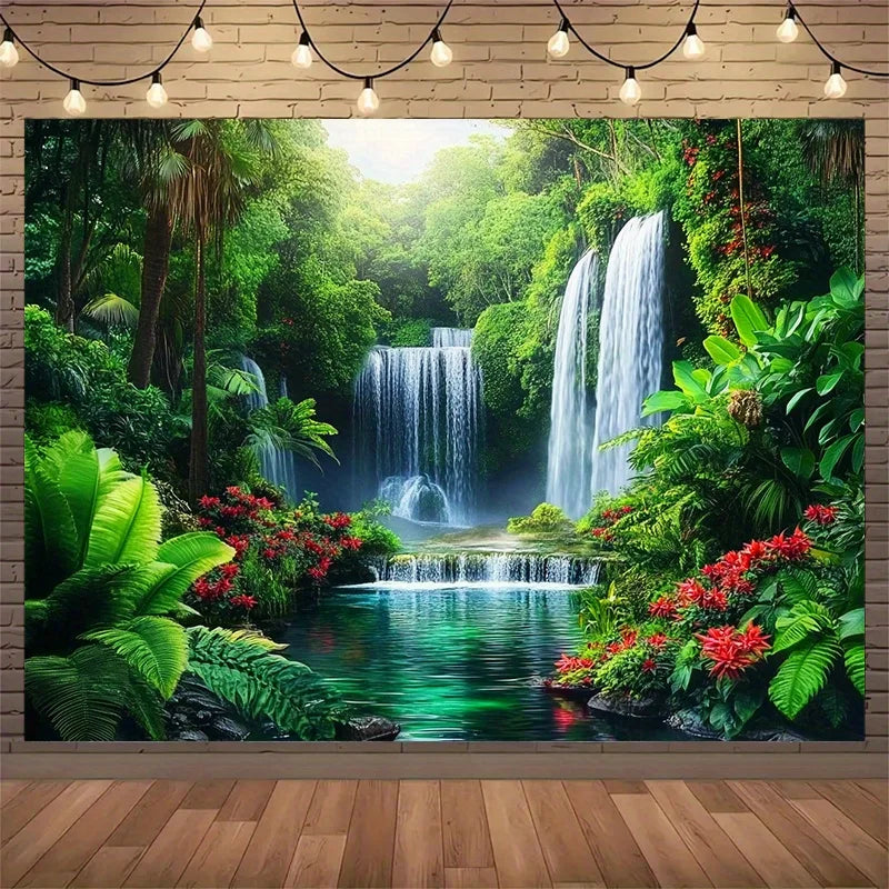 toile panoramique paysage naturel cascades végétation luxuriante impression numérique vert blanc rouge noir