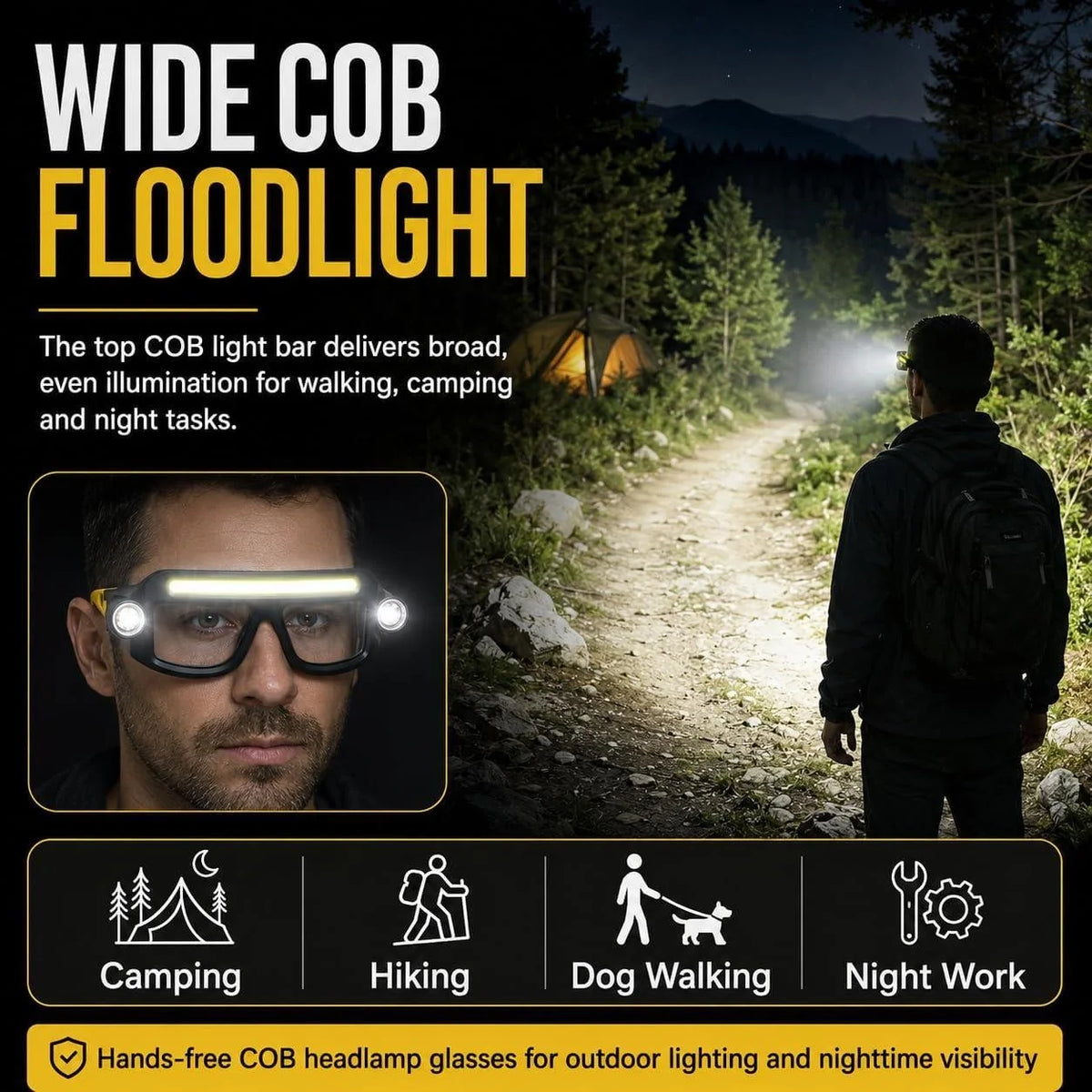 lunettes tête lampe led noir jaune rechargeable double éclairage modes pêche course camping randonnée