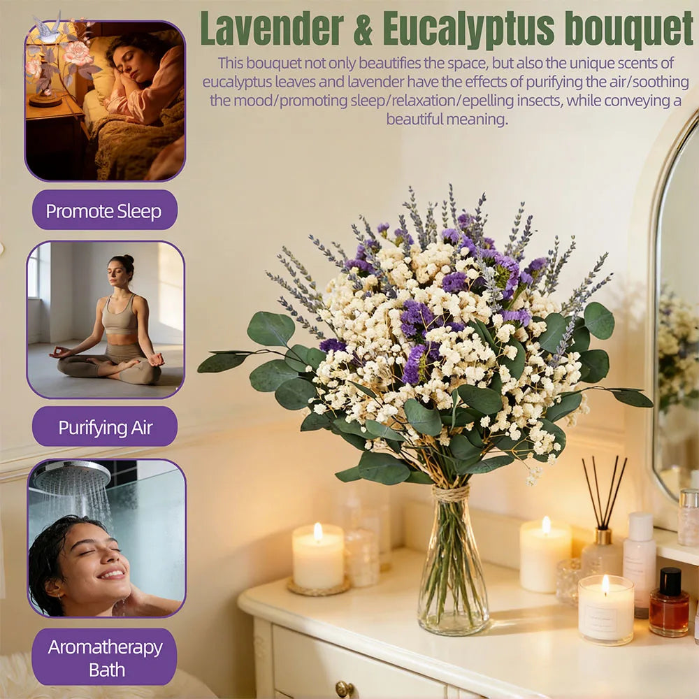 bouquet fleurs séchées eucalyptus gypsophile lavande décoration maison anniversaire valentin boho naturel