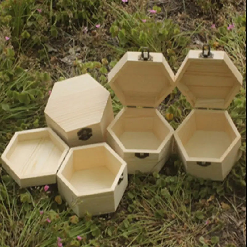 boîtes hexagonales bois naturel classiques cadenas bijoux rangement