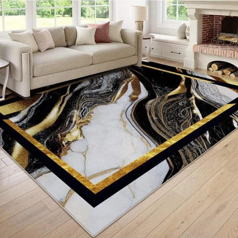 tapis moderne effet marbre noir blanc doré salon chambre intérieur extérieur décoration luxe 160x120cm