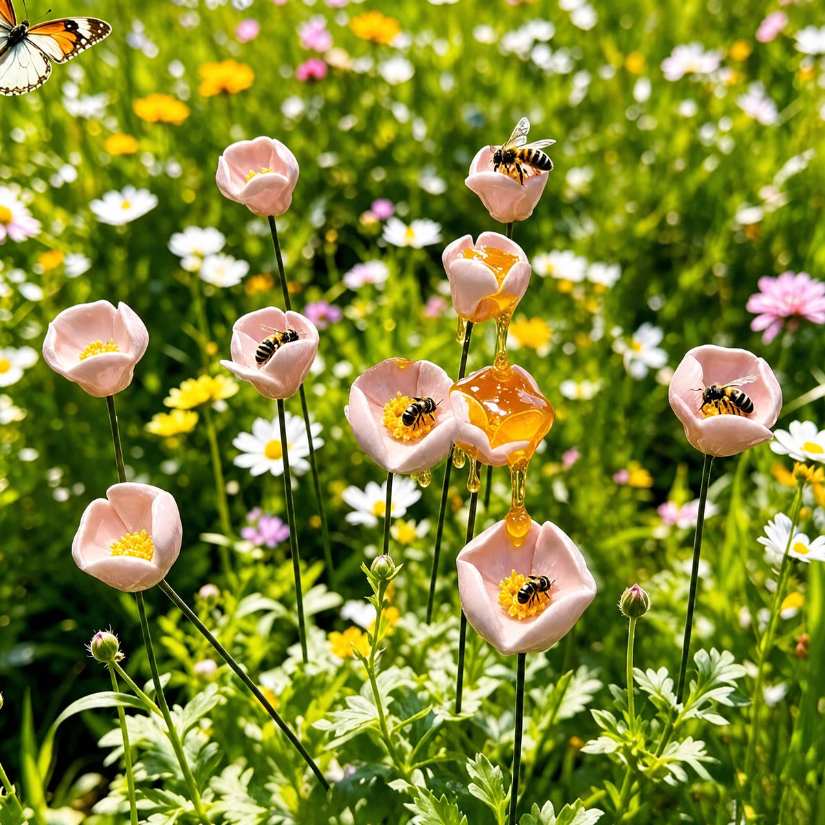 abreuvoir oiseaux céramique station abreuvement abeilles bain papillons piquet jardin décoration extérieur fleurs rouges