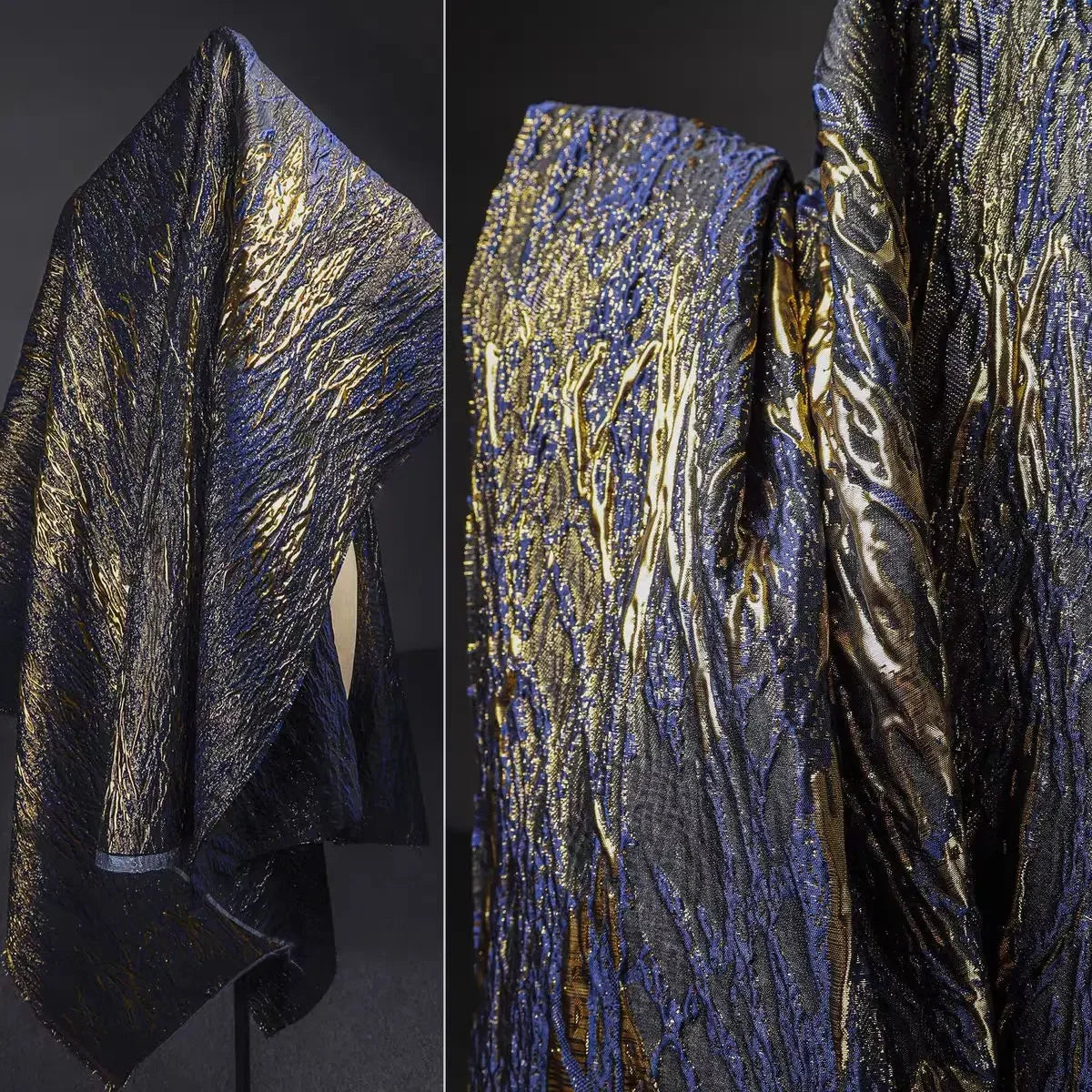 tissu polyester jacquard vert or bleu rouge brillant élégant robe ondulée ligne dorée glamour