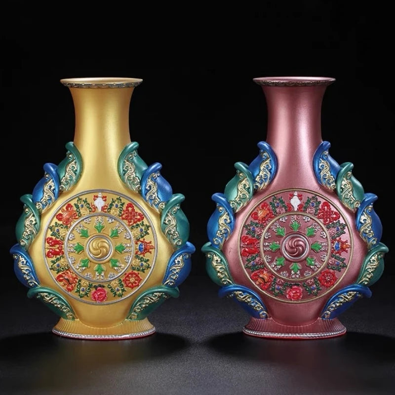 vase decoratif oriental art bouddhiste couleur or rose bleu vert decoration florale complexe resine