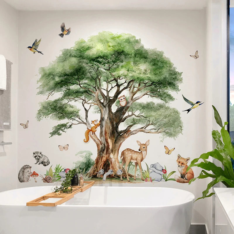 sticker mural animal peinture aquarelle deco enfant cerf renard écolier
