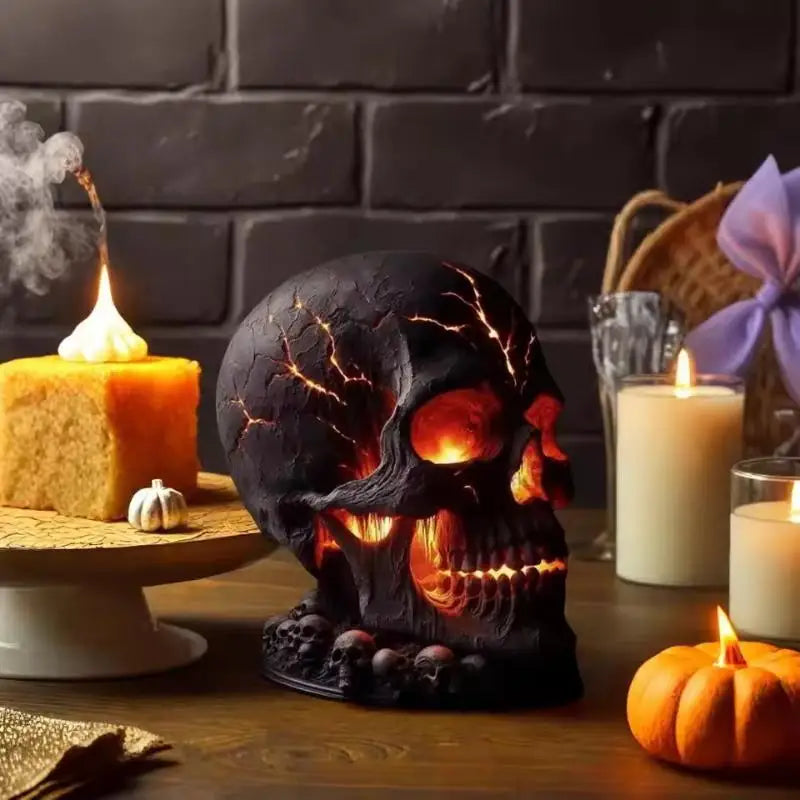 lampe table crâne magma noir orange rouge dents lumineuses Halloween articulée détaillée festive