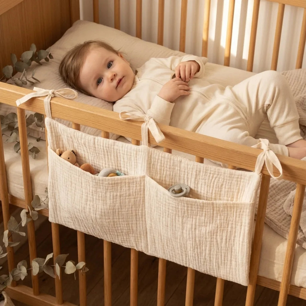 sac rangement lit bébé coton beige bleu rose simple rubans sécurité