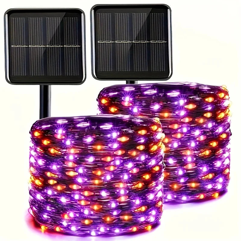 guirlande lumineuse solaire halloween led violet orange moderne 120 lumières 14mètres tringles fixations