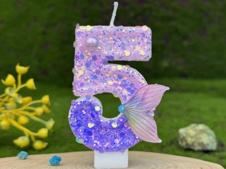 bougies numéraires paillettes sirène violet doré anniversaire décoration gâteau thème pois queue poisson festive