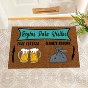 paillasson antidérapant marron vert turquoise humour textes espagnols pintes bière sac poubelle