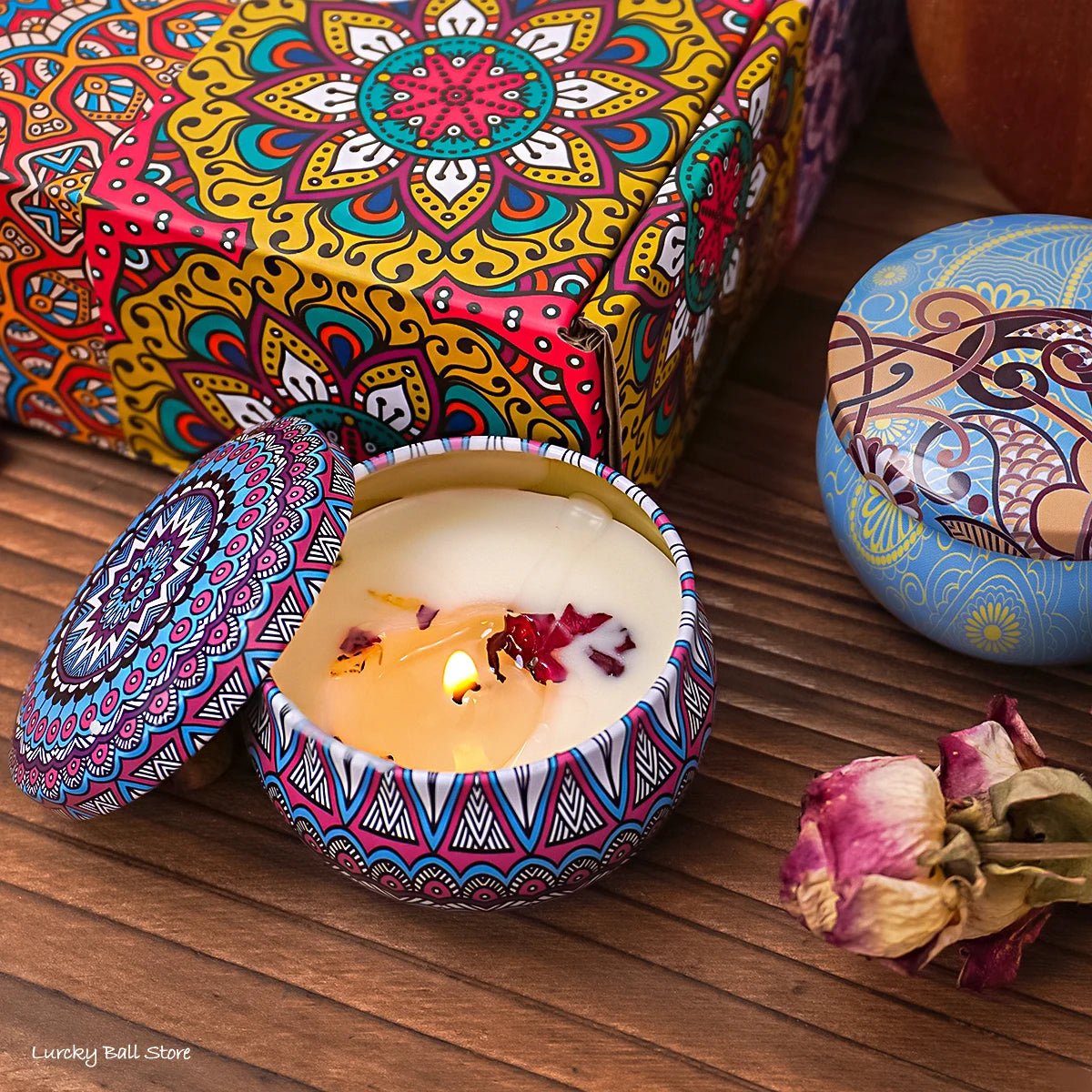 bougies parfumées mandala rouge rose boho chic fleurs séchées boîte carton décorative