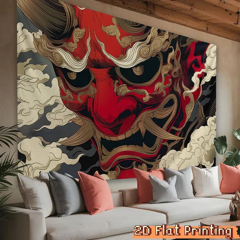 tapisserie murale art traditionnel japonais masque floral nuages rouge noir beige doré clips