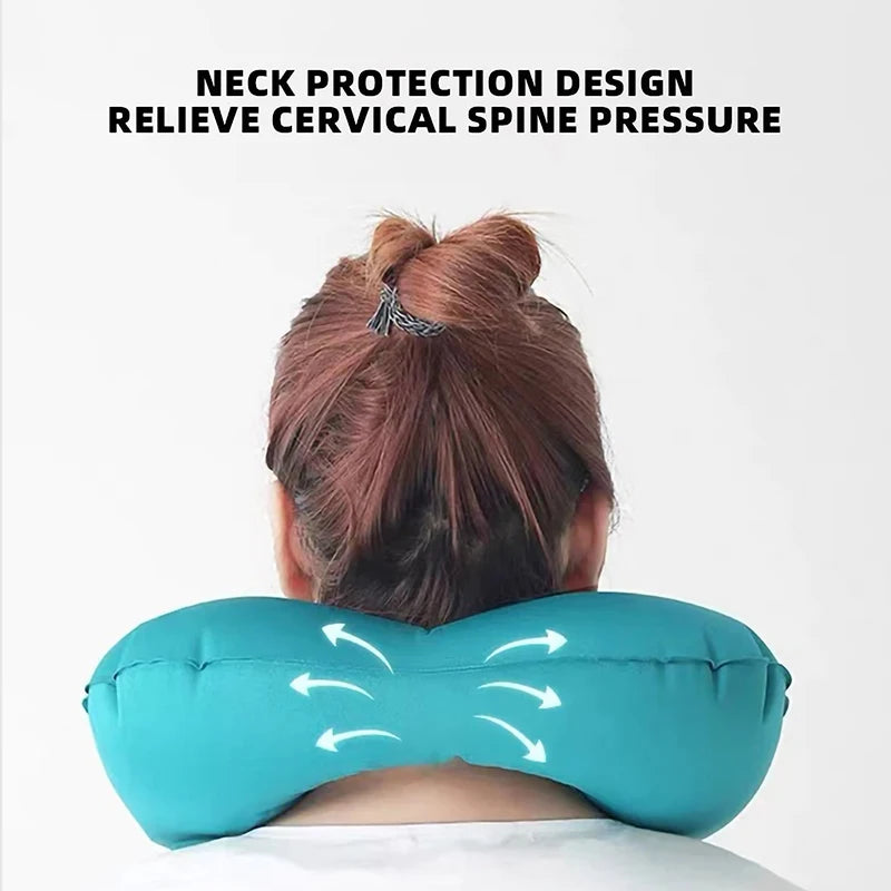 oreiller voyage gonflable forme cou bleu polyester ergonomique valve gonflageextérieur support confortable