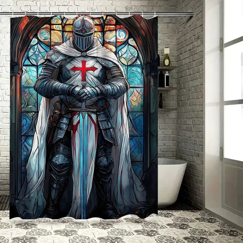 rideau douche chevalier médiéval croix rouge vitrail coloré opaque polyester géométrique bleu blanc gris