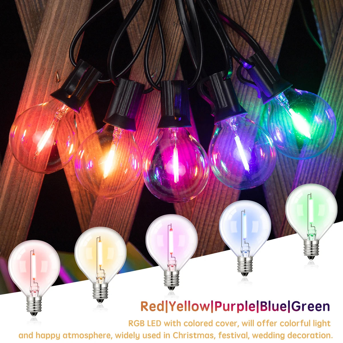 Ampoules LED multicolores G40 transparentes rouge jaune violet bleu vert extérieures E12 249 lumens