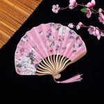 éventail pliant traditionnel soie bois fleurs motifs floraux tassel blanc rouge vert bleu