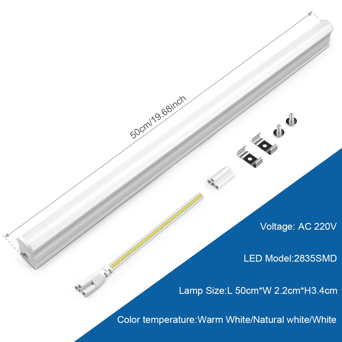 tube led blanc moderne 50cm lisse 2.2cm clips câble 15w 85v 265v