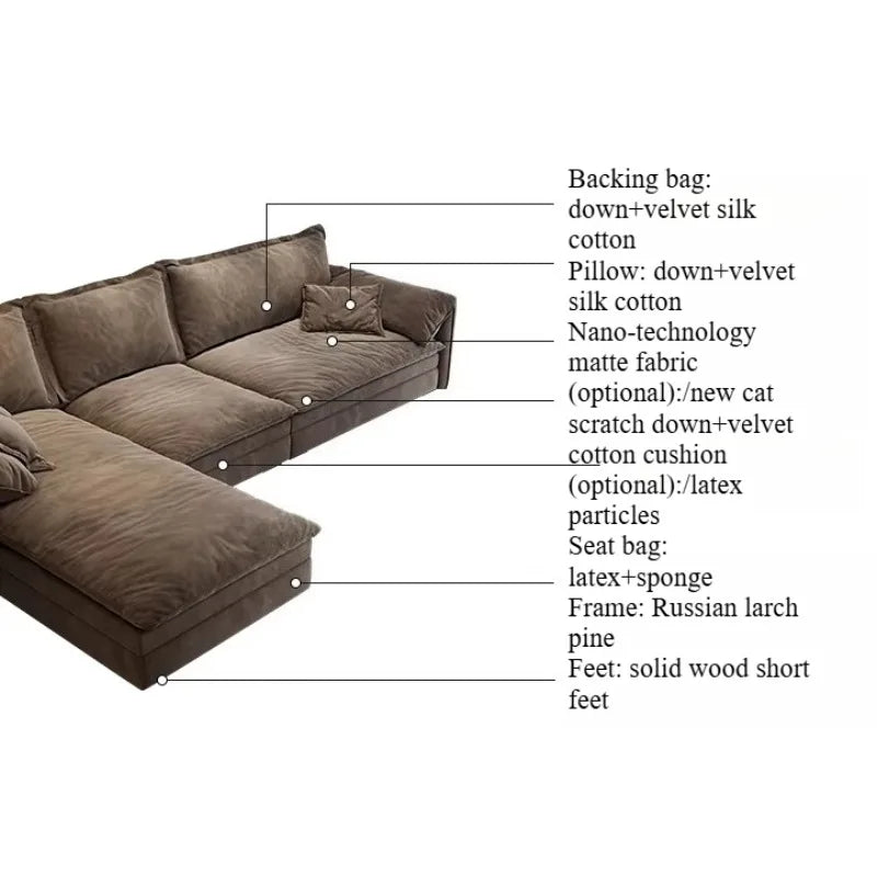 canapé d'angle marron clair velours mat moderne bois largeur 180cm longueur 360cm