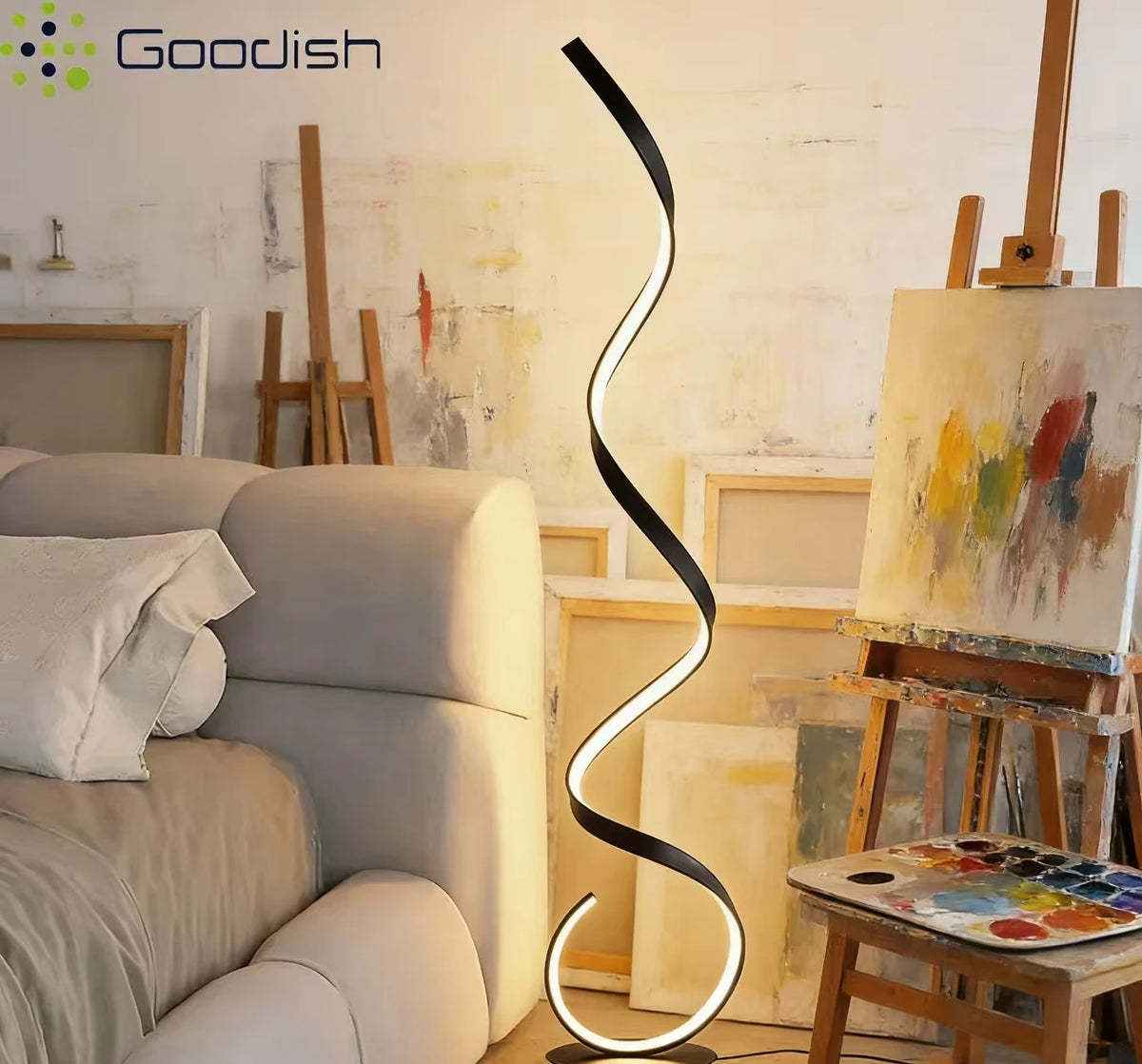 lampe sol led moderne spirale blanc noir contemporaine télécommande aluminium