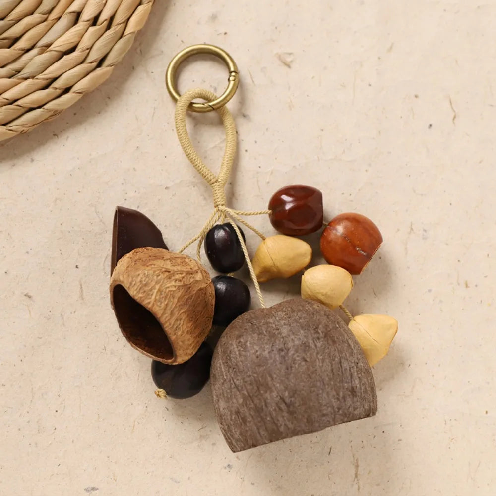 porte clés boho coquilles noix bois marron naturel ornement décoration clés anneaux métal