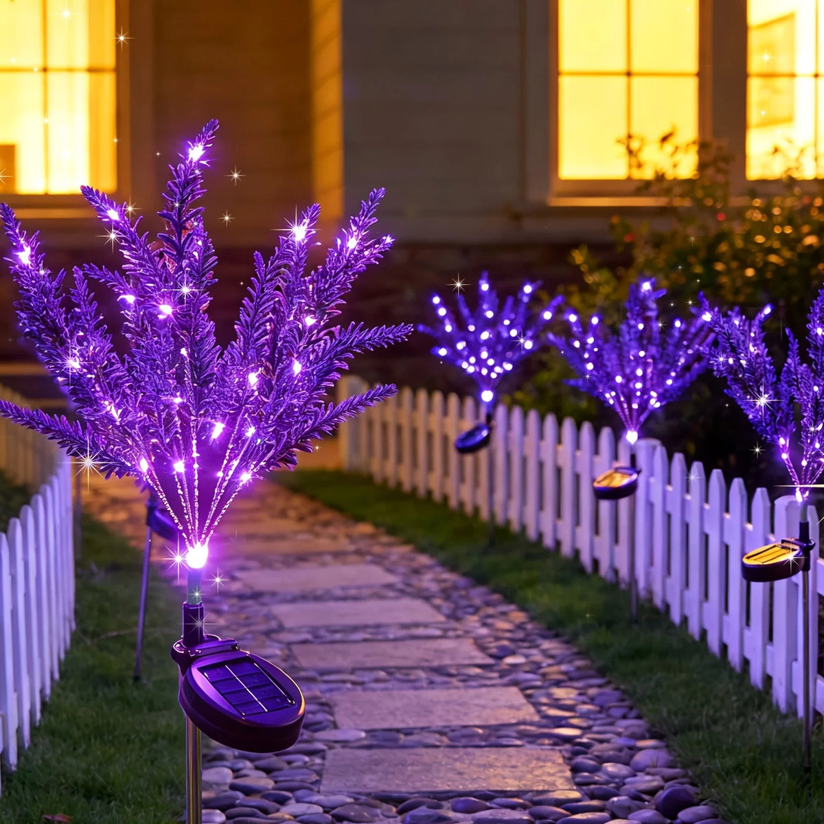 décoration extérieure jardin fleurs lavande led violet feuilles métal solaire ip65 nocturne festive