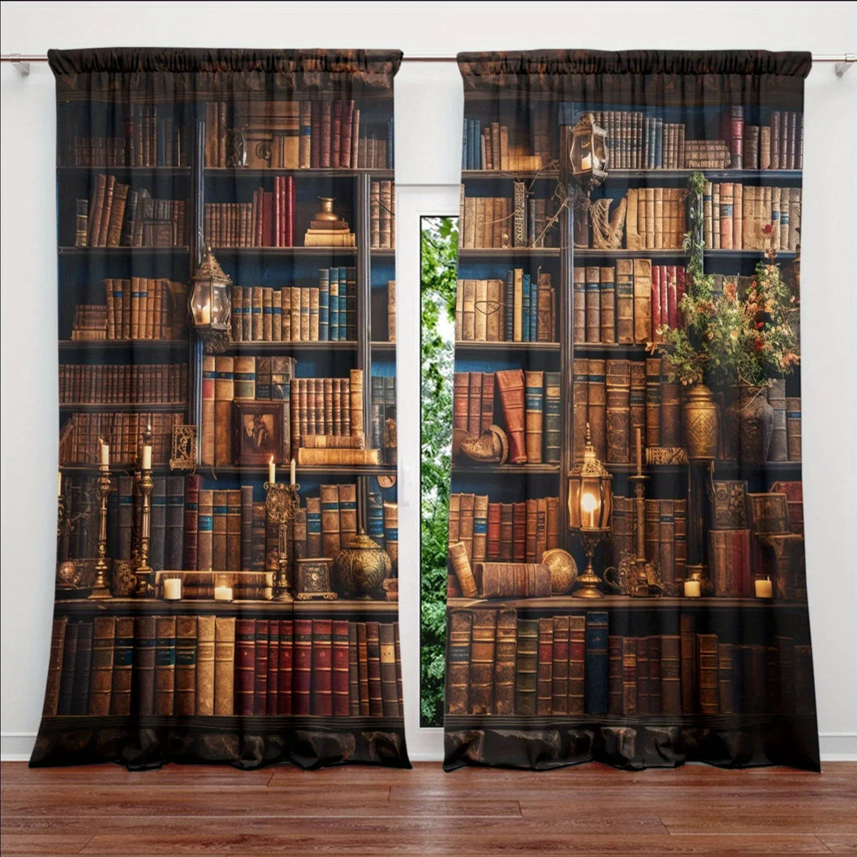 rideaux vintage semi transparent noir marron vert bibliothèque livres végétaux romantique deux pièces