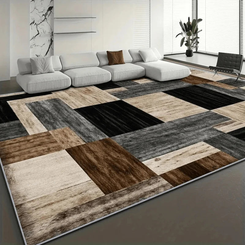 tapis moderne géométrique imitation bois noir gris marron polyester antidérapant salon chambre extérieur