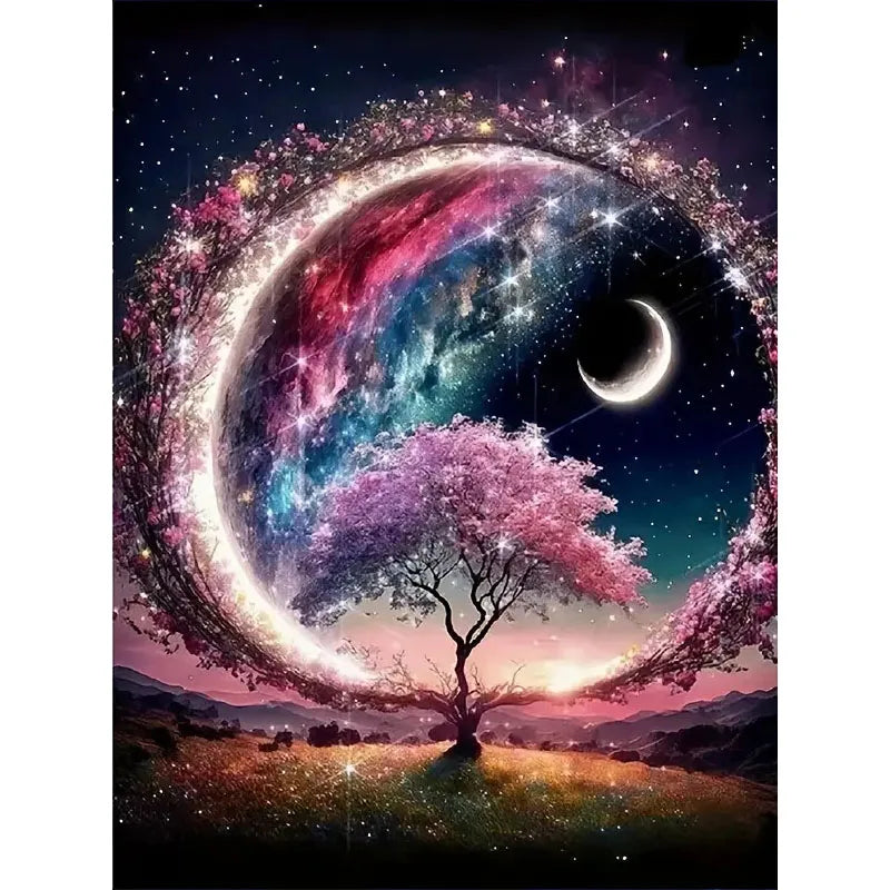 tableau décoratif multicolore galaxie arbre paysage diamants strass outils applicateurs toile pré imprimée fantaisie