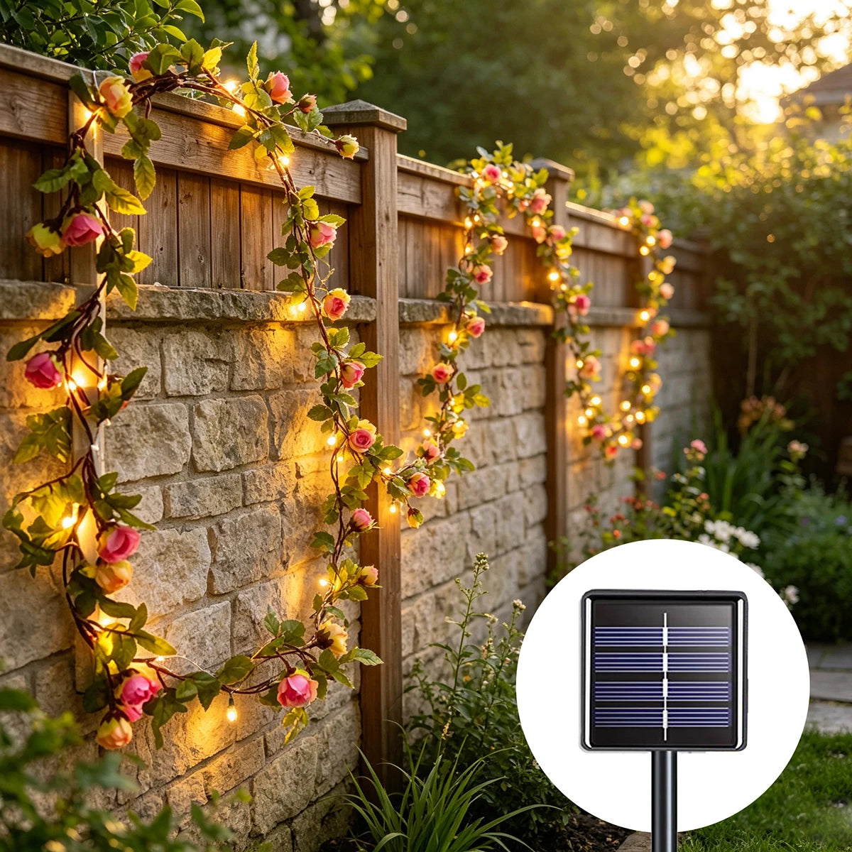 guirlande lumineuse solaire fleurs roses vertes feuilles modernes extérieures adhésives led autonomes