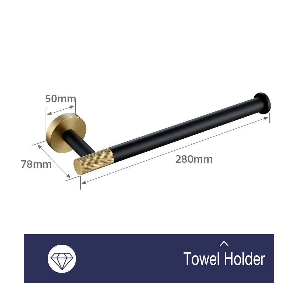 accessoires salle bains porte serviettes moderne porte savon noir doré texture moletée fixations élégants