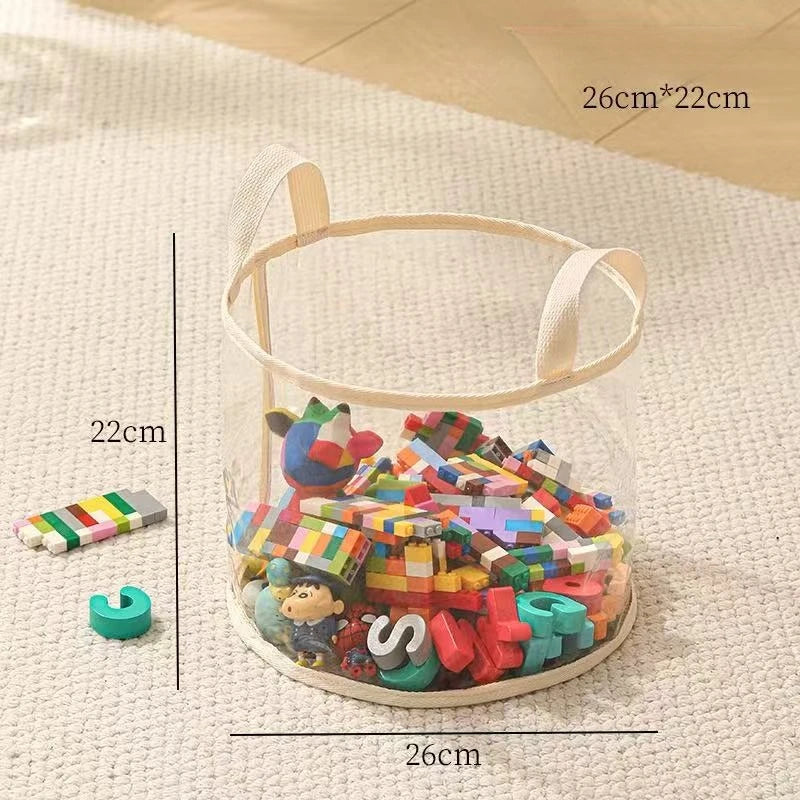 sac rangement transparent moderne poignées tissu minimaliste stockage jouets peluches
