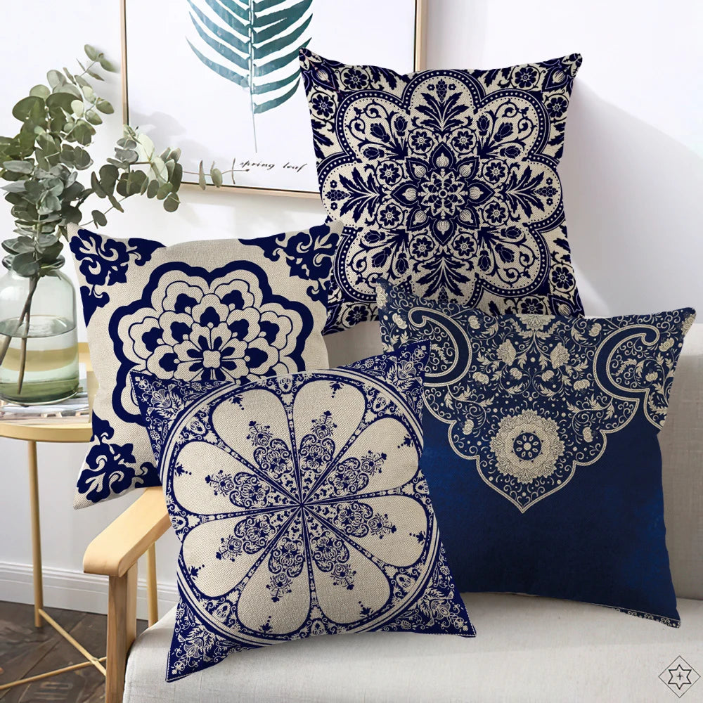 coussins carrés motif floral géométrique vintage bleu marine beige opacité décorative salon voiture