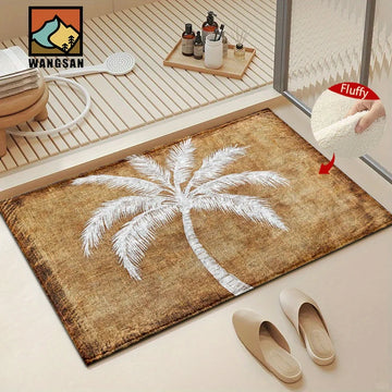 tapis moderne antidérapant palmier blanc marron clair doux 60x40cm chambre bain