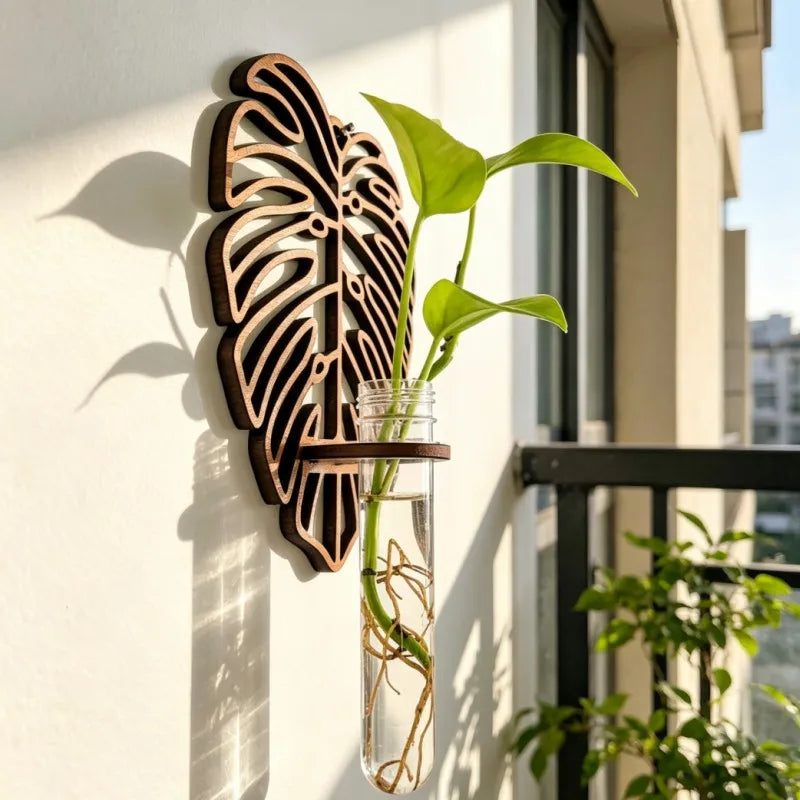 support mural plante bois feuille transparent vase moderne naturelintérieur decoration ajouré