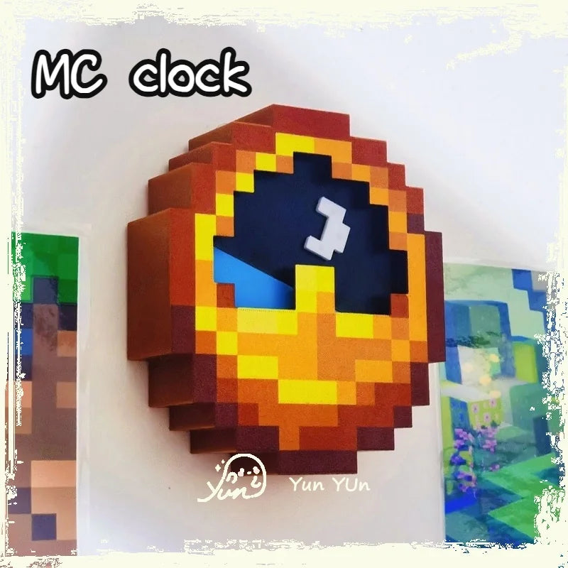 horloge murale rouge jaune bleu noir pixel art carré vintage adhésif