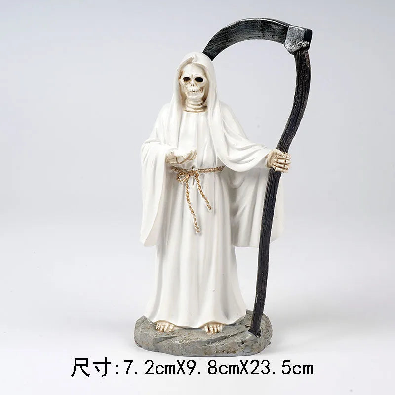 statue squelette robe billets banque motifs floraux chaussures gothique halloween blanc noir beige