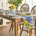 table cheminement lin motif floral citrons fleurs blanc bleu jaune vert table salle manger