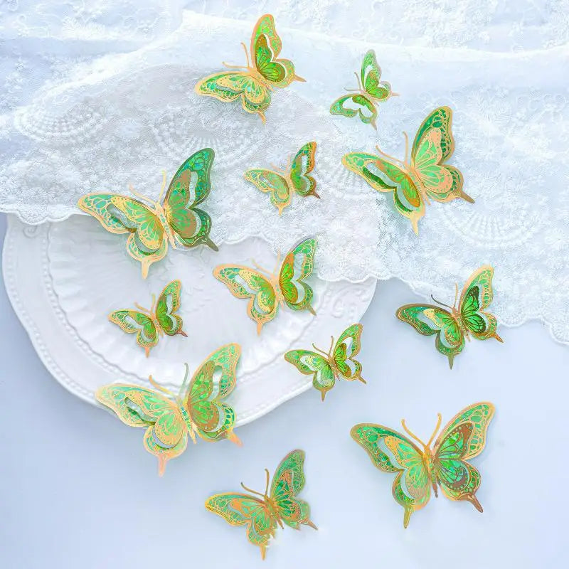 papillons décoratifs transparents effet holographique adhésifs 3d élégants rose vert bleu doré pack 12