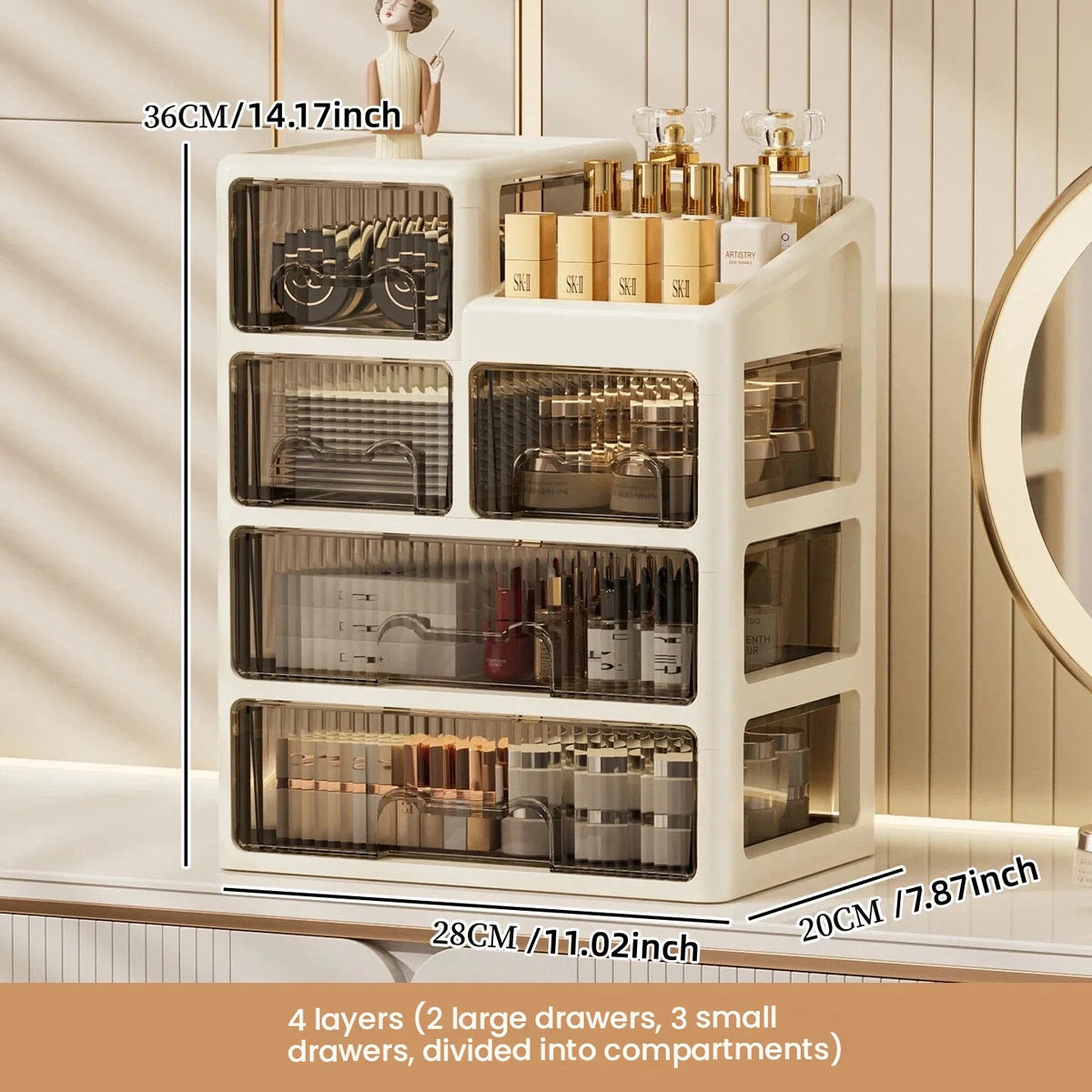 boîte rangement cosmétiques tiroirs compartiments moderne beige clair pliables PP haute qualité étagères bijoux