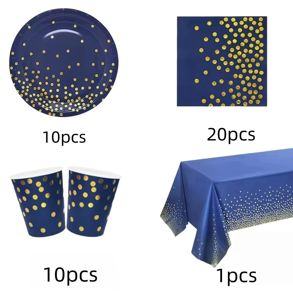 vaisselle jetable moderne assiettes bleu marine fourchette cuillère nappe dorée points festif