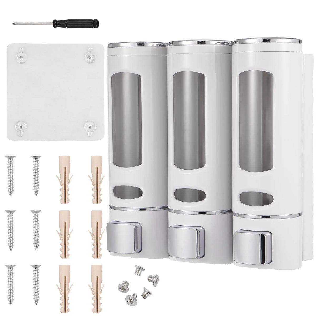 distributeur savon liquide moderne blanc gris bleu vert transparent vis fixations salle bain