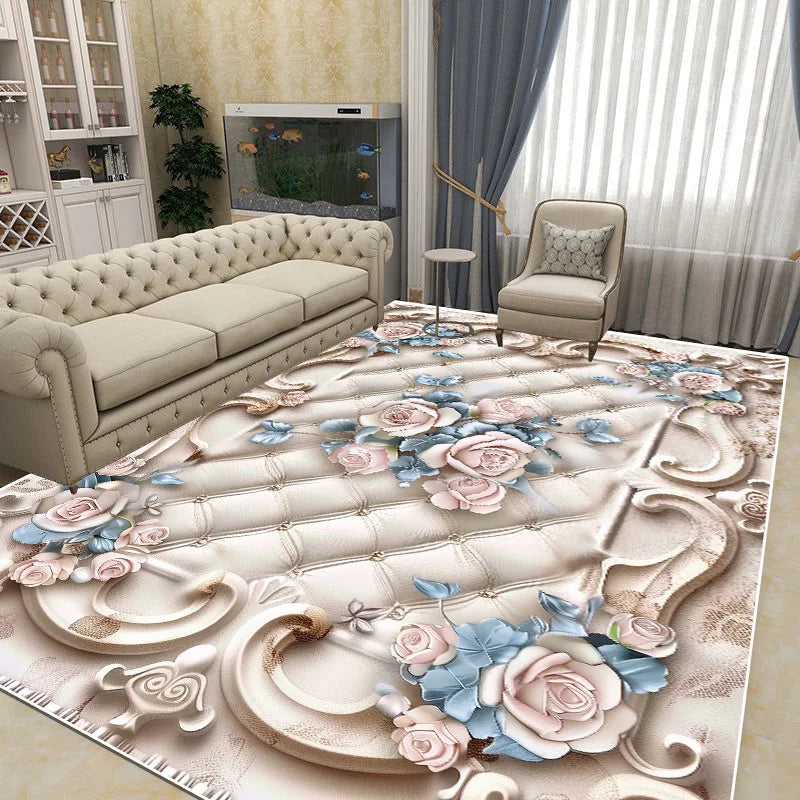 Ce tapis 3D élégant et fleuri apporte une touche de sophistication et de grâce à cette pièce de style classique, avec son canapé Chesterfield et son fauteuil confortable.