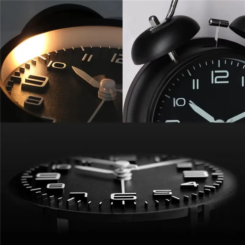 réveil double cloche métal noir horloge classique pieds métalliques son puissant vintage aiguilles mécaniques