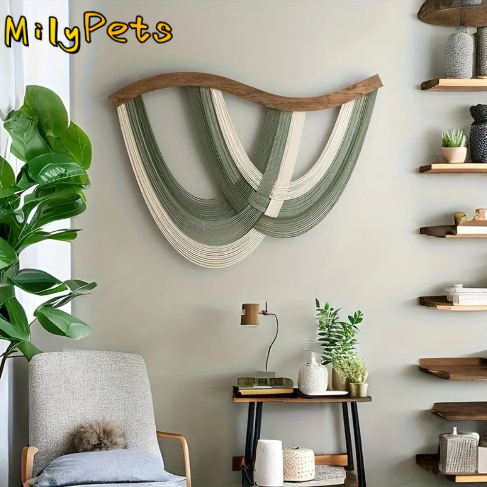 décoration murale bohème tissage coton vert blanc crème tressé bois minimaliste 80x60cm chambre salon