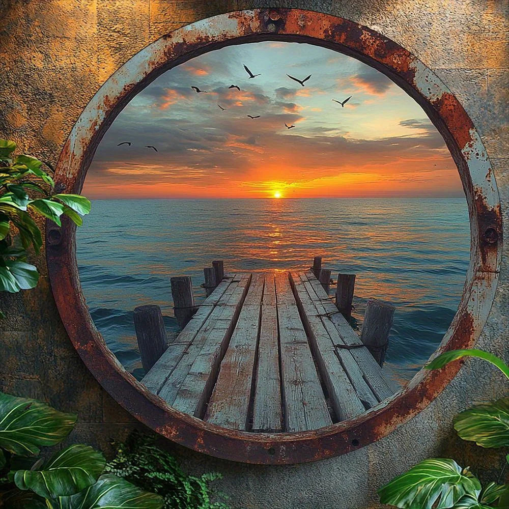 cadre mural circulaire coucher soleil ponton bois bordure métallique vieillie marron rustique bleu orange