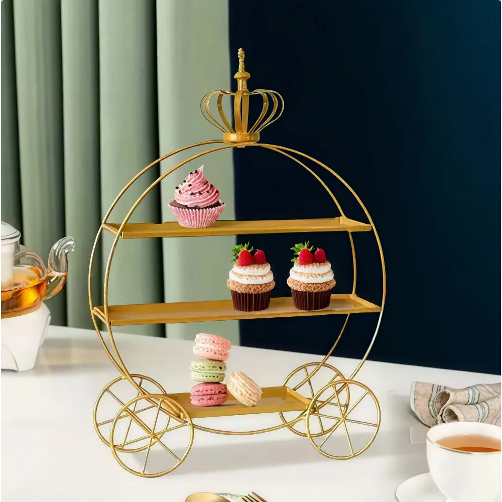 présentoir métal doré blanc trois niveaux gâteaux cupcakes macarons décoratif princesses mariage après midi